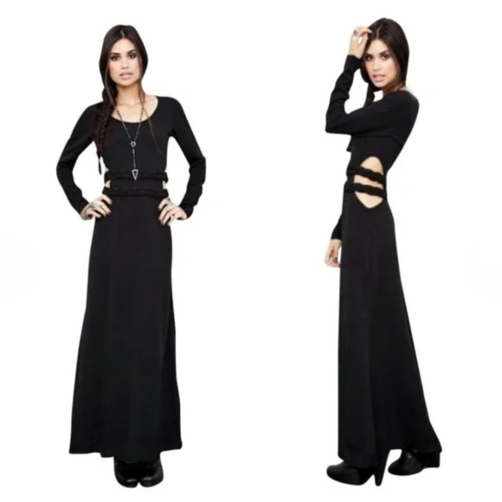 For Love & Lemons | S | Black unworldly Maxi Dress Braided Waist Cutout LS Goth - Picture 3 of 8
